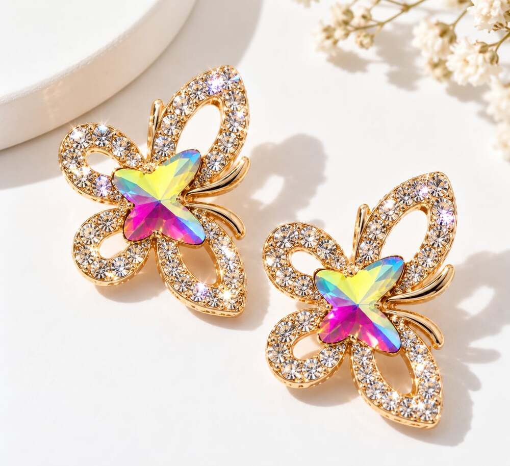 Iridescent Butterfly Rhinestone Earrings Y2K Glam Statement Jewelry